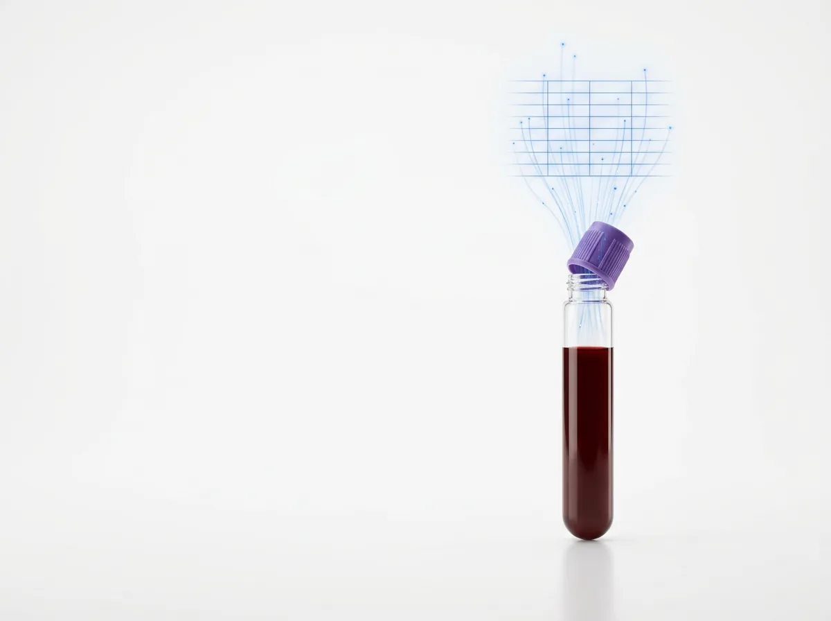 Tubo de muestra de sangre convirtiéndose en datos digitales